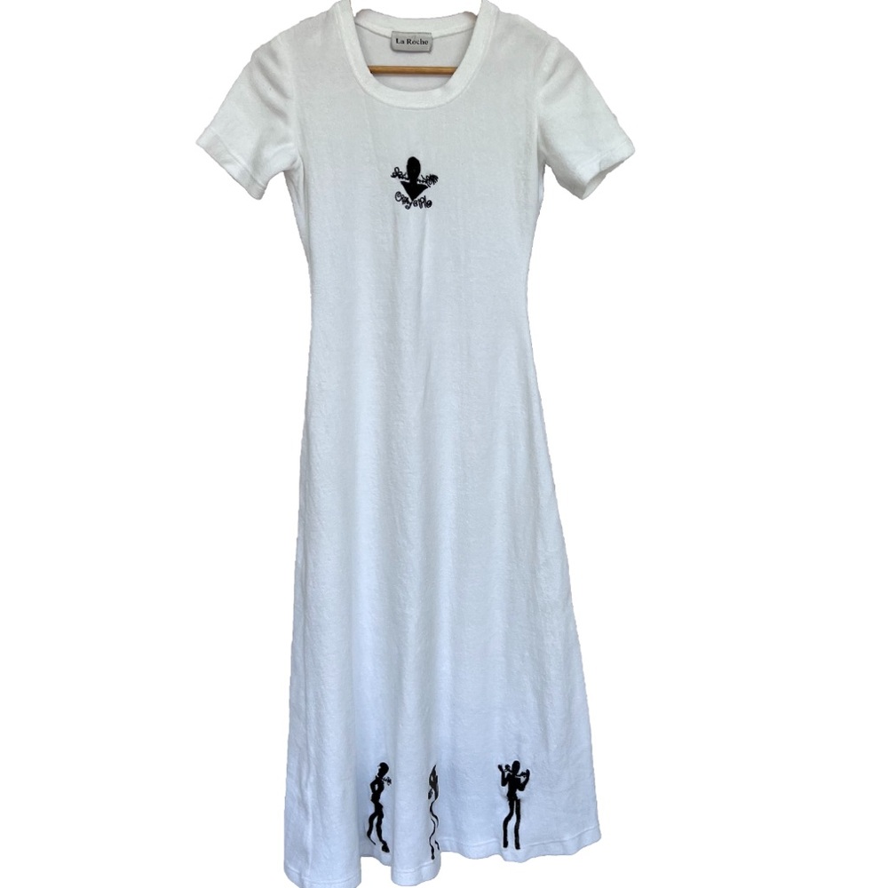La Roche Vintage Terry Cloth Shirt Dress XS/Small Womens White Embroidered